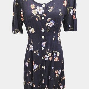 VTG 90s Ultimate Blues Floral Midi Boho Tea Dress 9 Rayon Button Front Navy USA